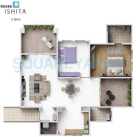Floor plan of 2 BHK 1143 Sq. Ft. Apartment in Rohan Ishita, Pune