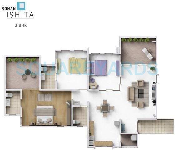 Floor plan of 3 BHK 1475 Sq. Ft. Apartment in Rohan Ishita, Pune