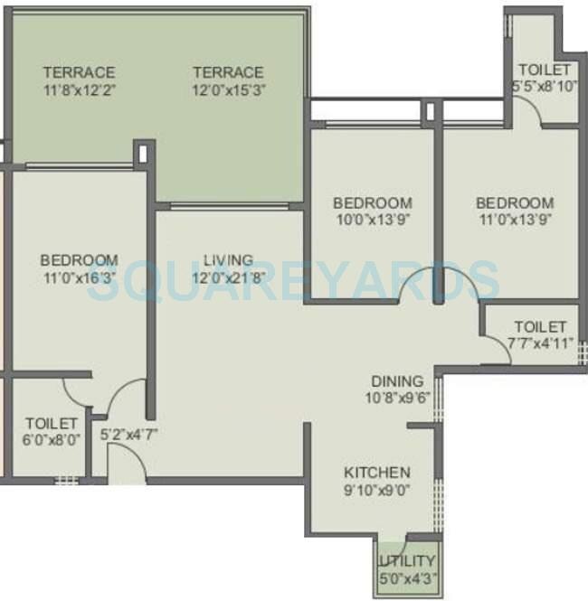Floor plan of 3 BHK 981 Sq. Ft. Apartment in Rohan Kritika, Pune