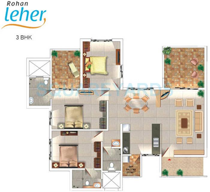 Floor plan of 3 BHK 1445 Sq. Ft. Apartment in Rohan Leher, Pune