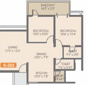Floor plan of 2 BHK 1280 Sq. Ft. Apartment in Rohan Mithila, Pune