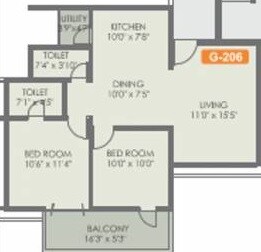 Floor plan of 2 BHK 1360 Sq. Ft. Apartment in Rohan Mithila, Pune