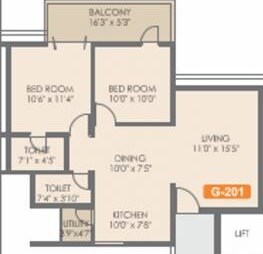 Floor plan of 2 BHK 941 Sq. Ft. Apartment in Rohan Mithila, Pune