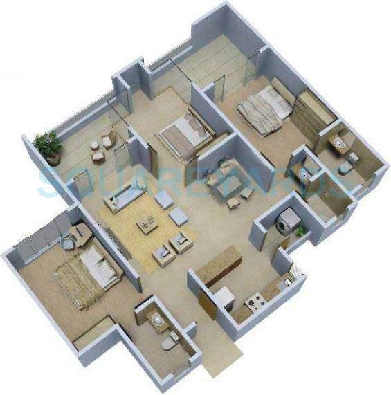 Floor plan of 3 BHK 2000 Sq. Ft. Apartment in Rohan Mithila, Pune