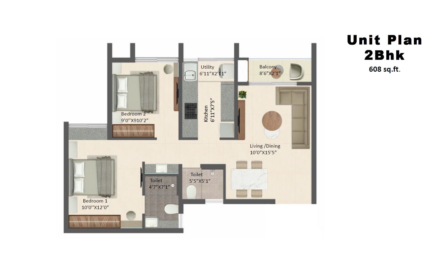 2 BHK 608 Sq. Ft. Apartment