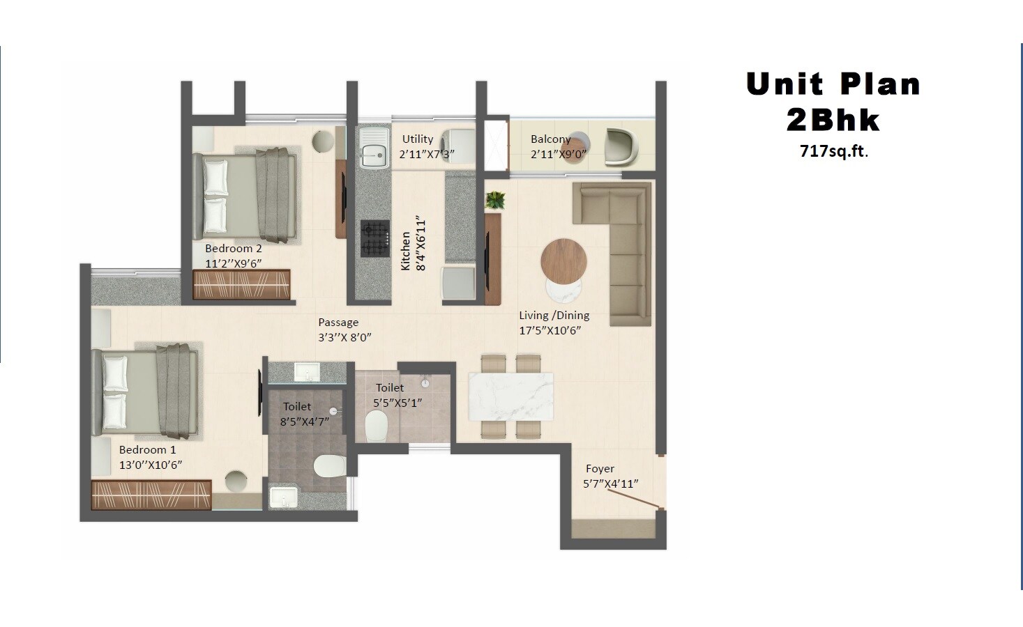 2 BHK 717 Sq. Ft. Apartment