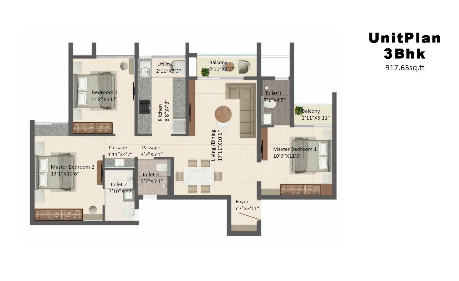 3 BHK 918 Sq. Ft. Apartment