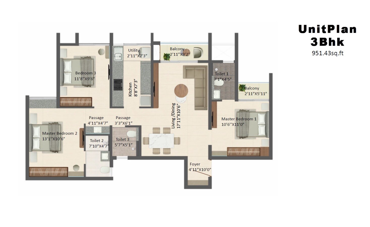 3 BHK 951 Sq. Ft. Apartment
