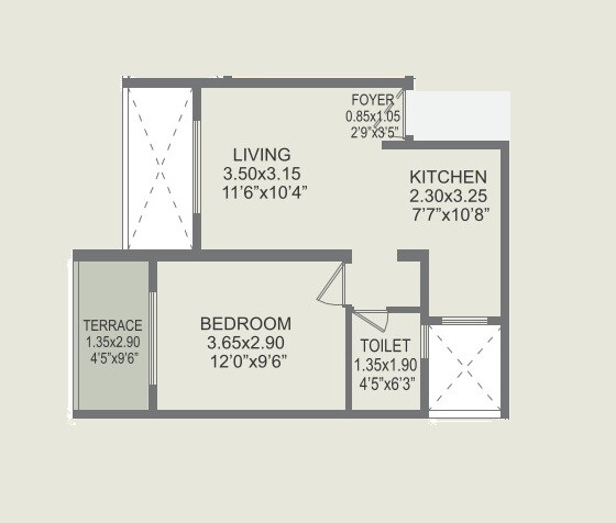 Floor plan of 1 BHK 358 Sq. Ft. Apartment in Rohan Prathama, Pune