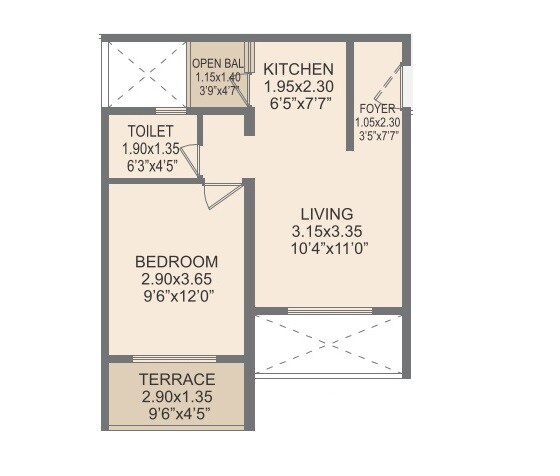 Floor plan of 1 BHK 366 Sq. Ft. Apartment in Rohan Prathama, Pune