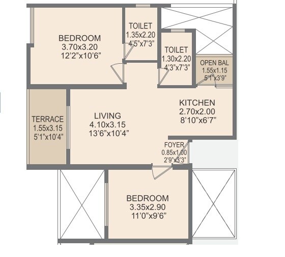 Floor plan of 2 BHK 454 Sq. Ft. Apartment in Rohan Prathama, Pune