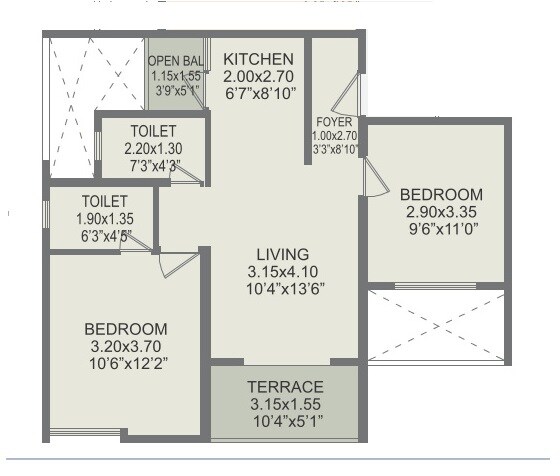 Floor plan of 2 BHK 566 Sq. Ft. Apartment in Rohan Prathama, Pune