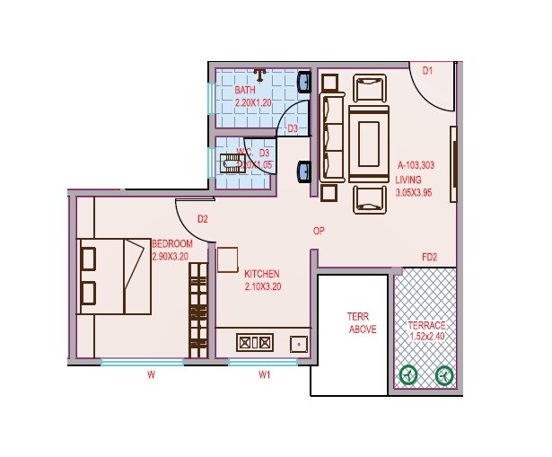 Floor plan of 1 BHK 449 Sq. Ft. Apartment in Rohan Shri Abhivishwa, Pune