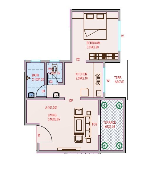 Floor plan of 1 BHK 465 Sq. Ft. Apartment in Rohan Shri Abhivishwa, Pune
