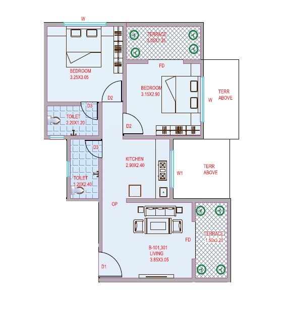 Floor plan of 2 BHK 617 Sq. Ft. Apartment in Rohan Shri Abhivishwa, Pune