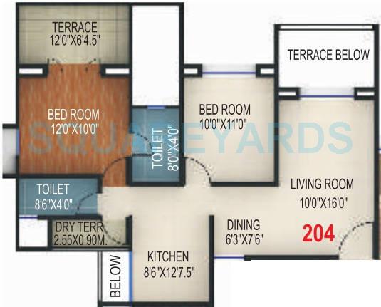 Floor plan of 2 BHK 960 Sq. Ft. Apartment in Rohan Silver Gardenia, Pune