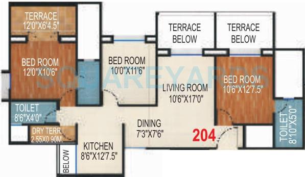 Floor plan of 3 BHK 1270 Sq. Ft. Apartment in Rohan Silver Gardenia, Pune