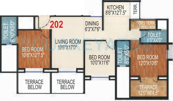 Floor plan of 3 BHK 1360 Sq. Ft. Apartment in Rohan Silver Gardenia, Pune