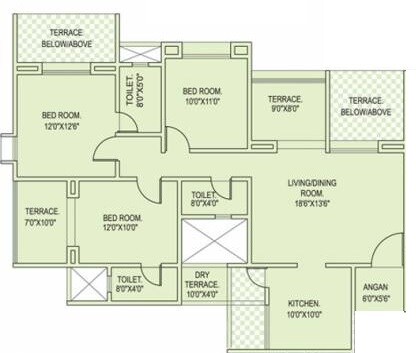 Floor plan of 3 BHK 1400 Sq. Ft. Apartment in Rohan Silver Palm Grove, Pune