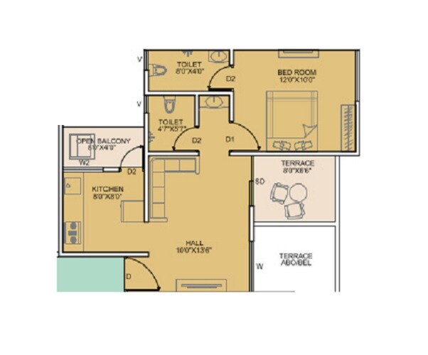 Floor plan of 1 BHK 508 Sq. Ft. Apartment in Rohan Yuva, Pune