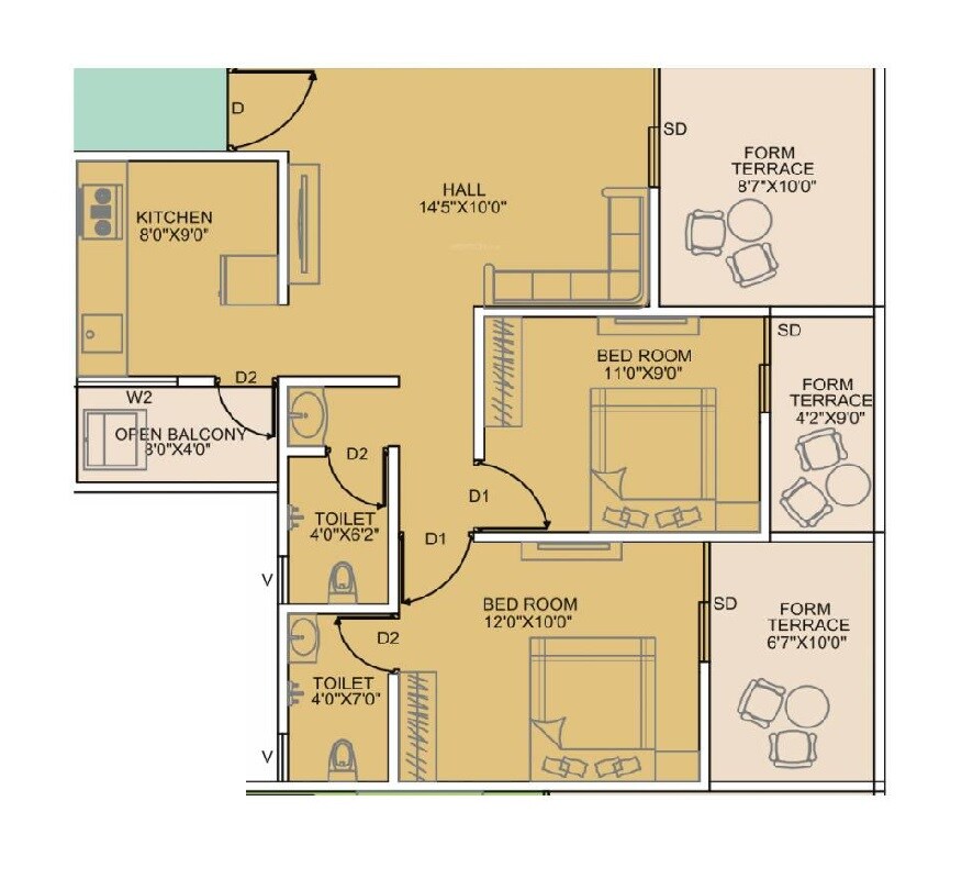 Floor plan of 2 BHK 650 Sq. Ft. Apartment in Rohan Yuva, Pune