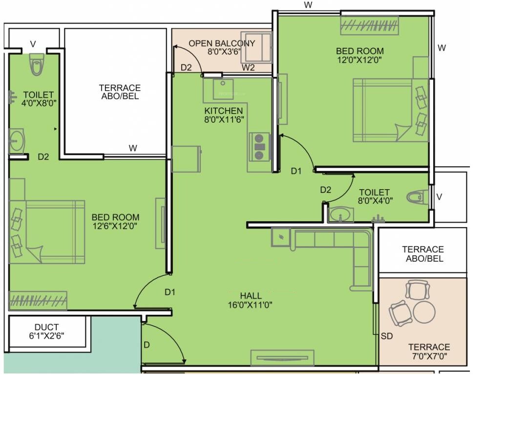 Floor plan of 2 BHK 882 Sq. Ft. Apartment in Rohan Yuva, Pune