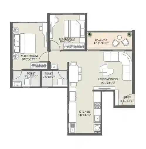 2 BHK 849 Sq. Ft. Apartment