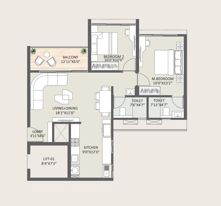 Floor plan of 2 BHK 824 Sq. Ft. Apartment in Rohit 108 Astera, Pune