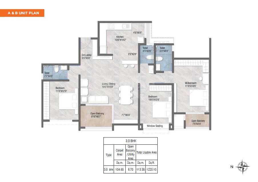 Floor plan of 3 BHK 1220 Sq. Ft. Apartment in Rohit 108 Avyana, Pune