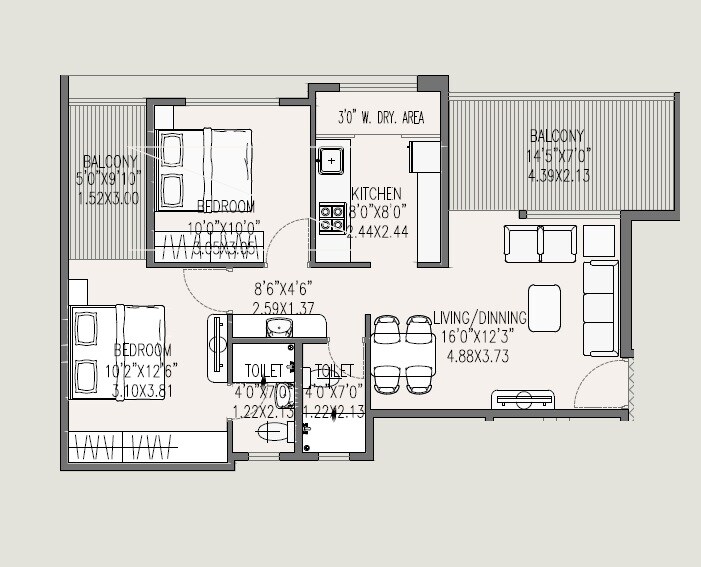 Floor plan of 2 BHK 770 Sq. Ft. Apartment in Rohit Aloha, Pune