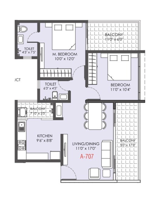 Floor plan of 2 BHK 823 Sq. Ft. Apartment in Rohit Amaara, Pune