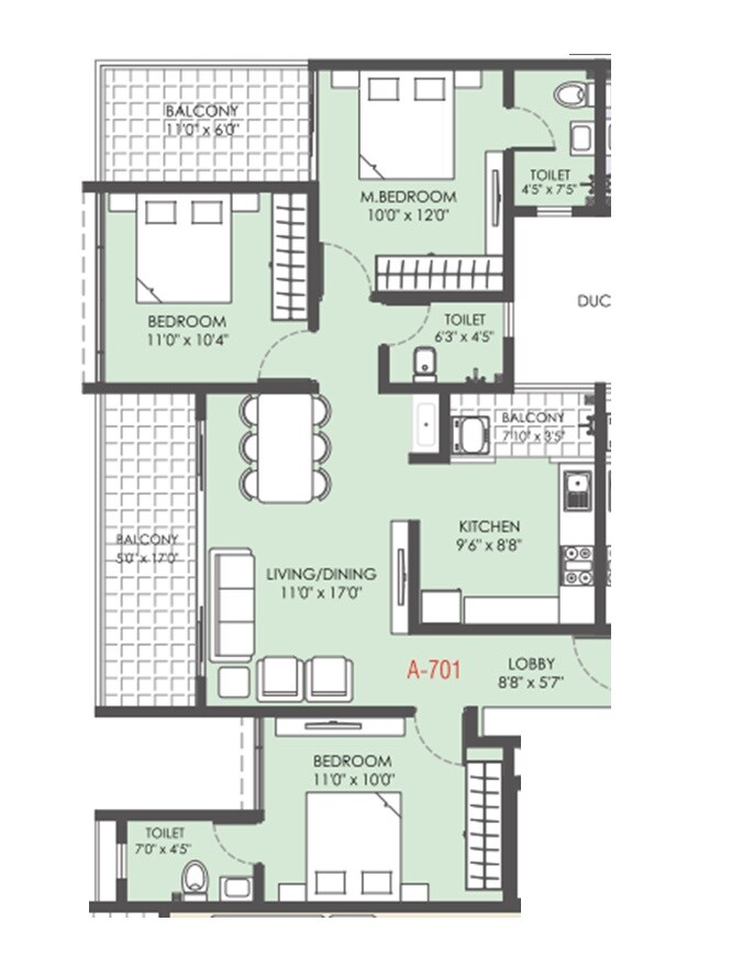 Floor plan of 3 BHK 1021 Sq. Ft. Apartment in Rohit Amaara, Pune