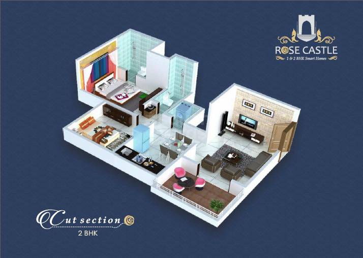 Floor plan of 2 BHK 718 Sq. Ft. Apartment in Rose Castle, Pune