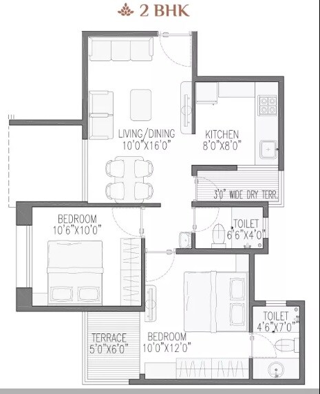 Floor plan of 2 BHK 704 Sq. Ft. Apartment in Rose Gardenia, Pune