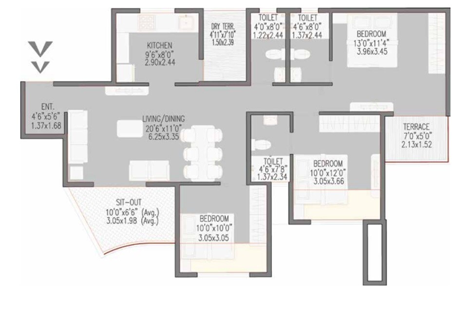 Floor plan of 3 BHK 1065 Sq. Ft. Apartment in Rose Gardenia, Pune