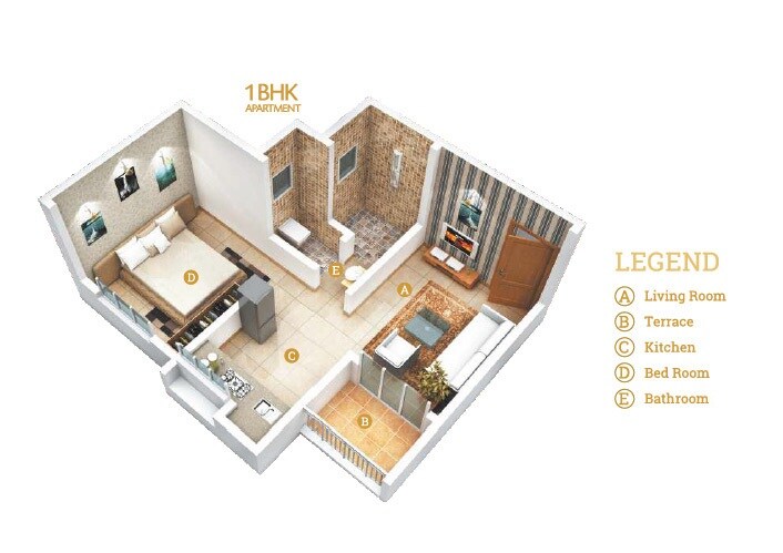 Floor plan of 1 BHK 568 Sq. Ft. Apartment in Roshan One, Pune