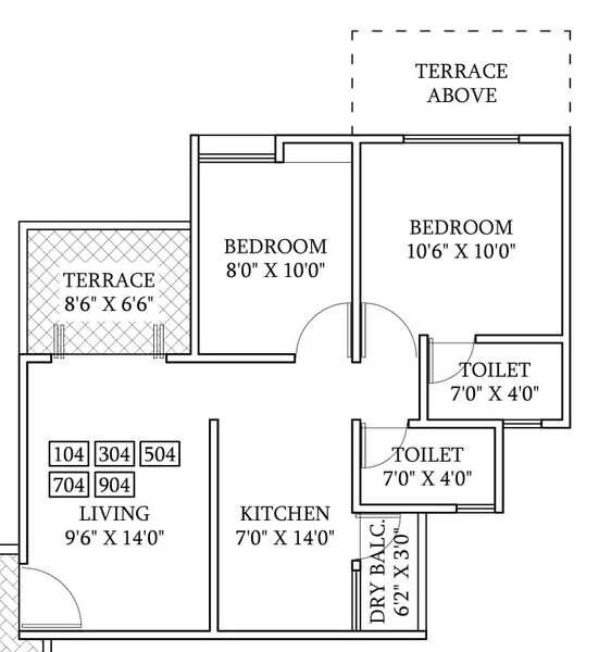 Floor plan of 2 BHK 829 Sq. Ft. Apartment in Roshan One, Pune