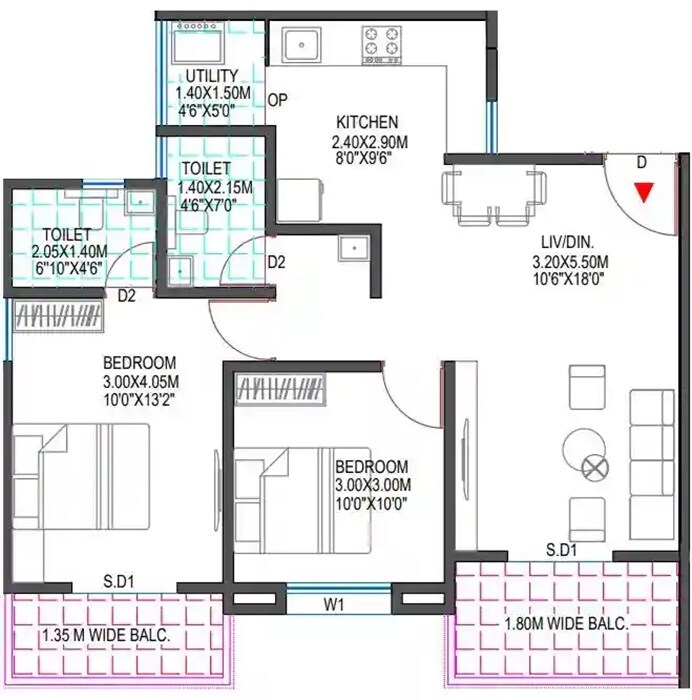 Floor plan of 2 BHK 794 Sq. Ft. Apartment in Royal Audumbar Bliss CHS, Pune