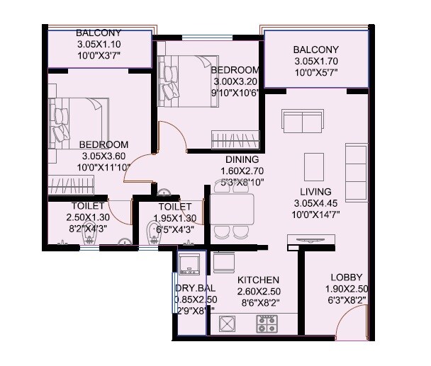 Floor plan of 2 BHK 722 Sq. Ft. Apartment in Royal Ishana, Pune