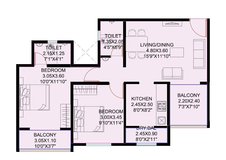 Floor plan of 2 BHK 805 Sq. Ft. Apartment in Royal Ishana, Pune