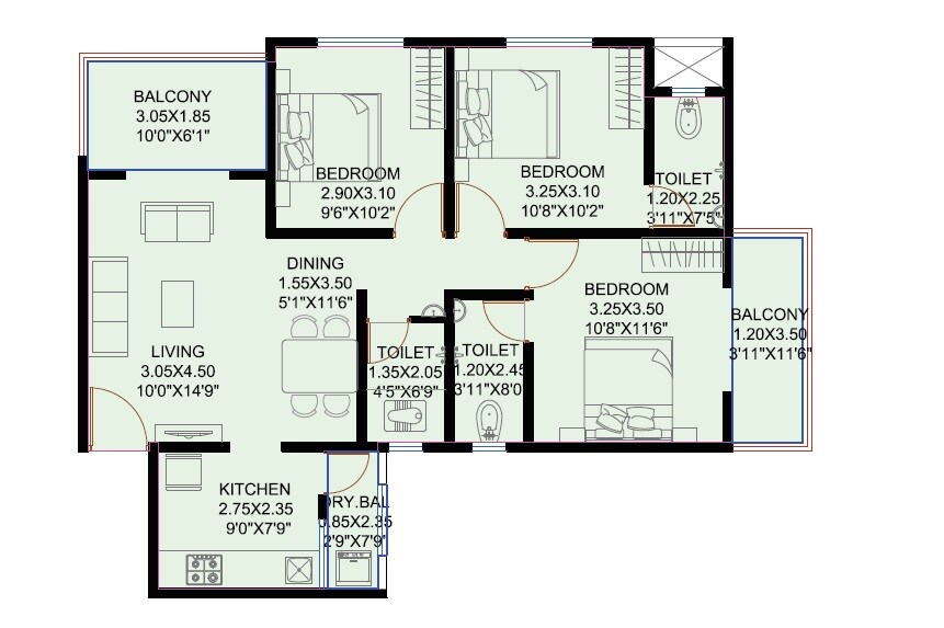 Floor plan of 3 BHK 944 Sq. Ft. Apartment in Royal Ishana, Pune