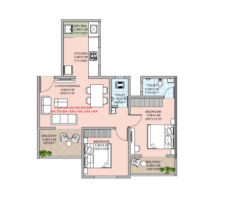 Floor plan of 2 BHK 709 Sq. Ft. Apartment in Royal Keys, Pune