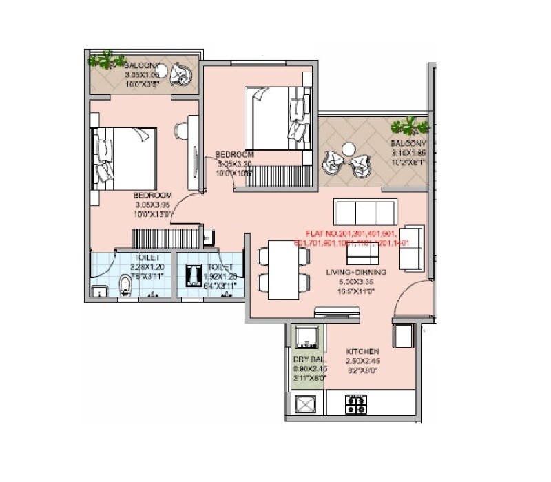 Floor plan of 2 BHK 721 Sq. Ft. Apartment in Royal Keys, Pune