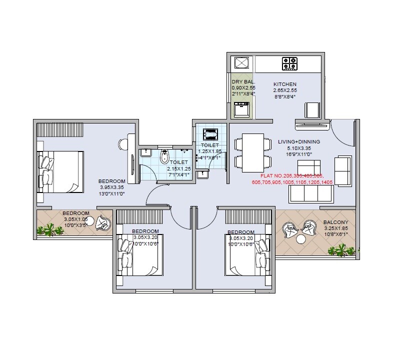 Floor plan of 3 BHK 883 Sq. Ft. Apartment in Royal Keys, Pune