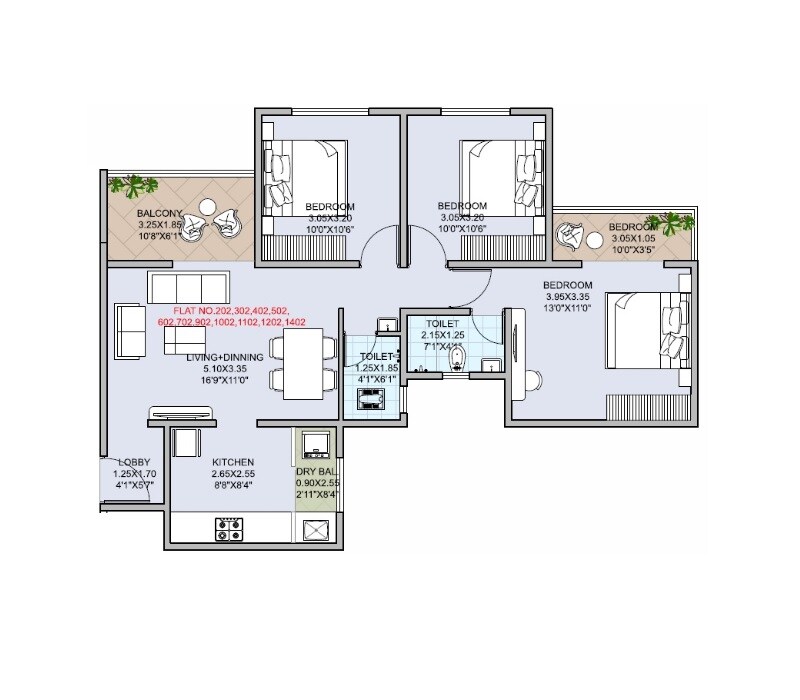 Floor plan of 3 BHK 911 Sq. Ft. Apartment in Royal Keys, Pune