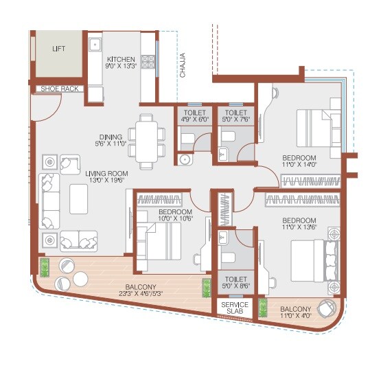 Floor plan of 3 BHK 1248 Sq. Ft. Apartment in Royal Morya Skydale, Pune