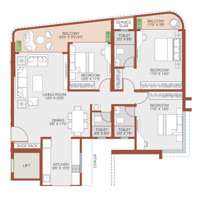 Floor plan of 3 BHK 1295 Sq. Ft. Apartment in Royal Morya Skydale, Pune