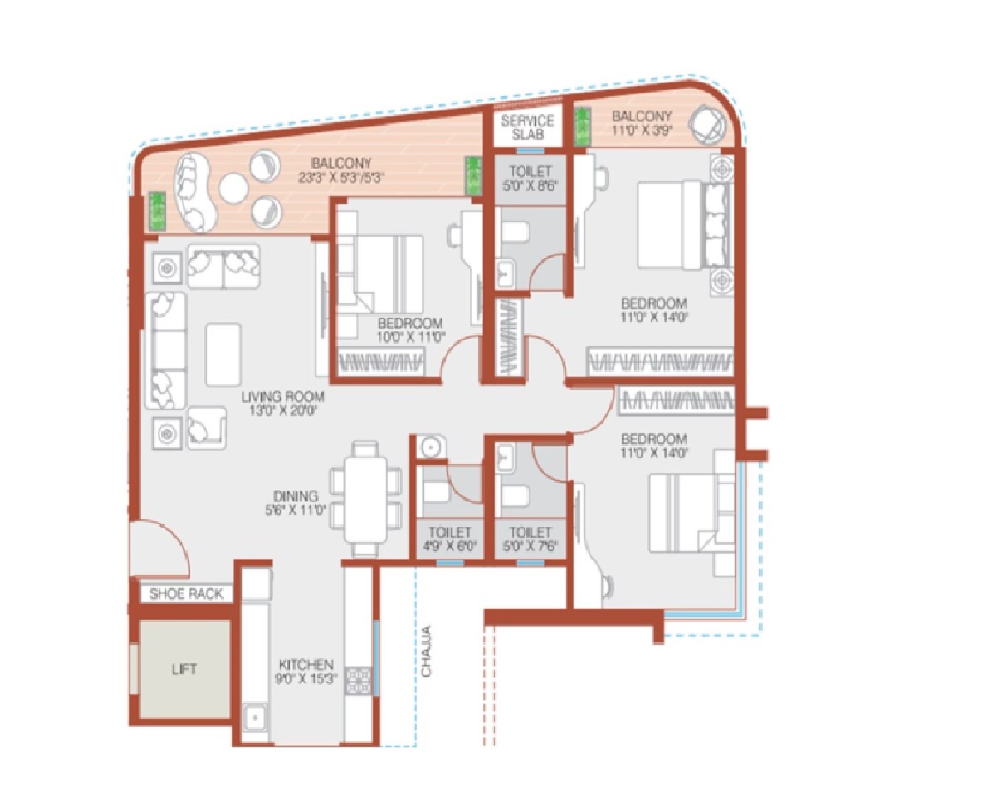 Floor plan of 3 BHK 1369 Sq. Ft. Apartment in Royal Morya Skydale, Pune