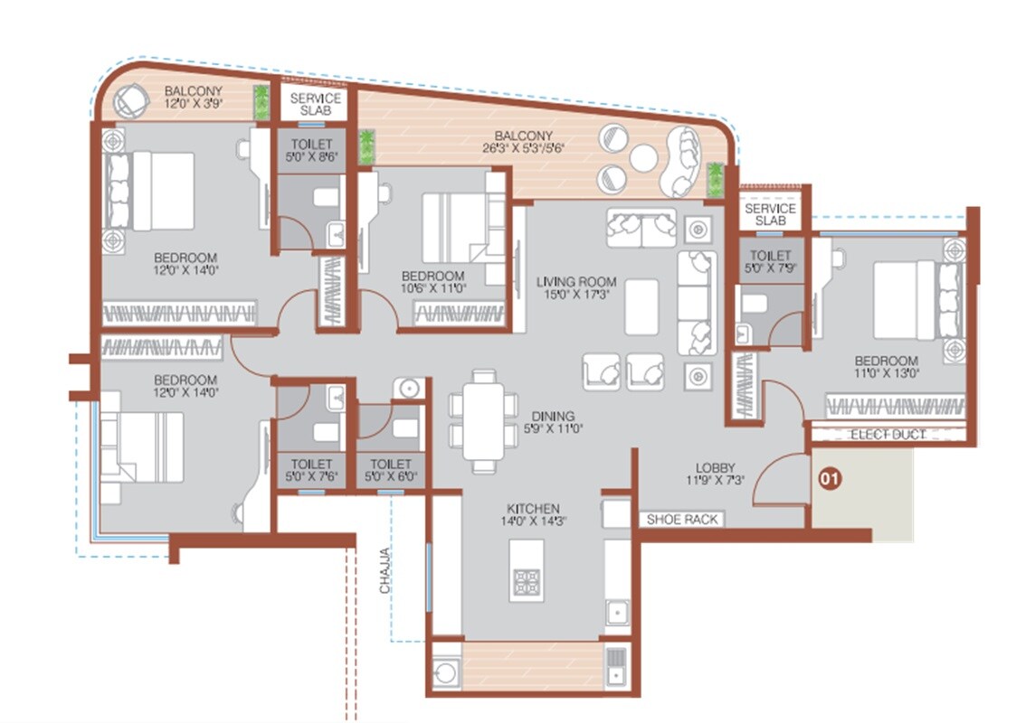 Floor plan of 4 BHK 1727 Sq. Ft. Apartment in Royal Morya Skydale, Pune