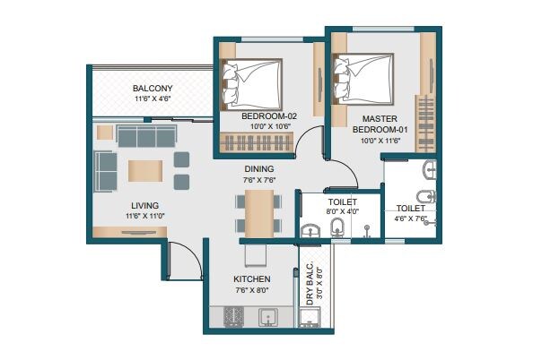 2 BHK 690 Sq. Ft. Apartment